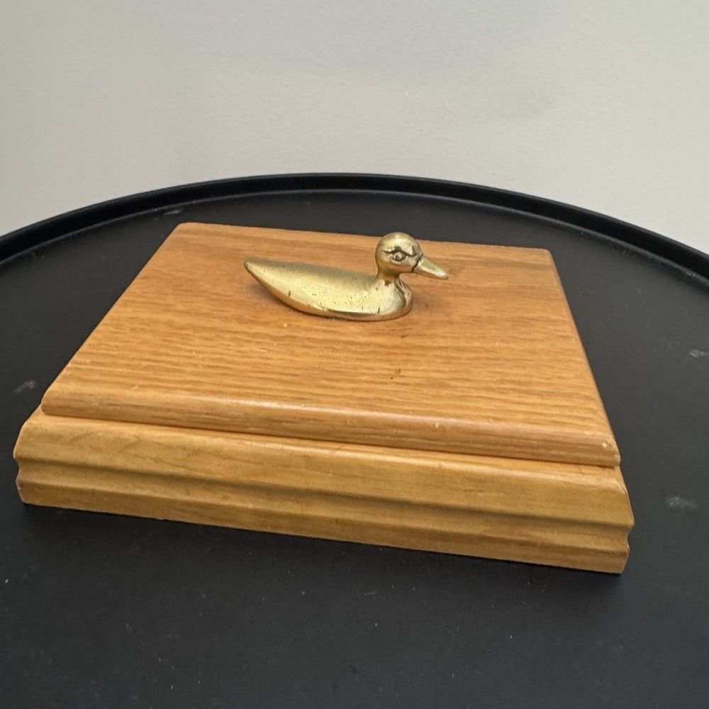 Vintage Hinged Wood Box With Brass Duck Trinket Box Or Card Box